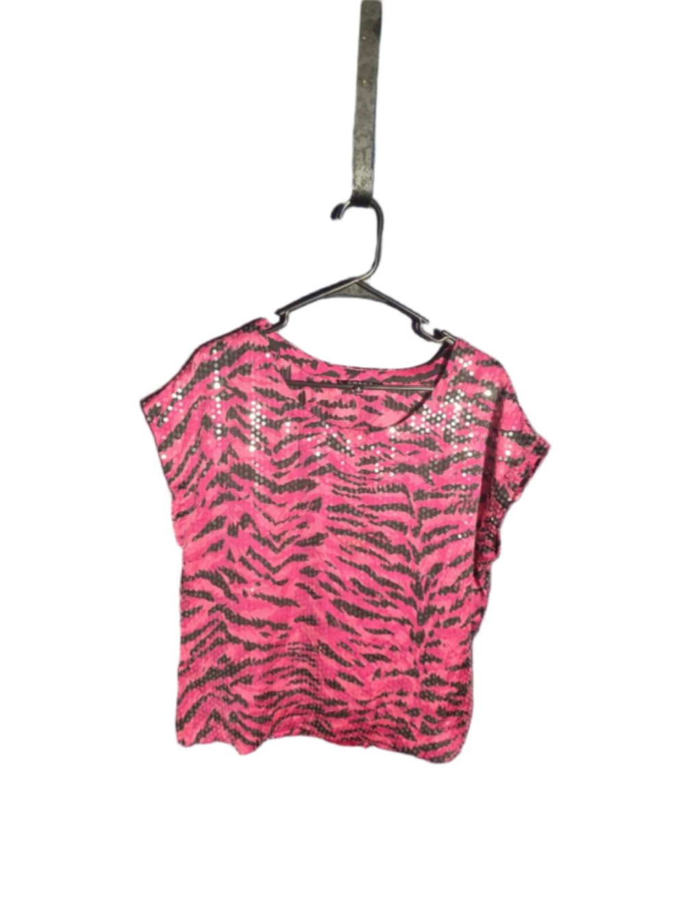 Women's CHAUS Fushia Pink & Black Zebra Sequin Short Sleeve Tee M party 90's y2k